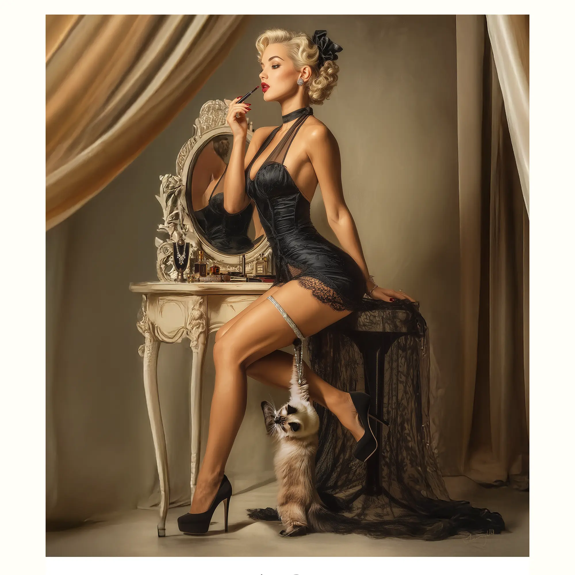 Almost Ready - Pin-Up Fine Art Poster | Caught in the Act Series | Vintage Retro Wall Art | Glam Decor Bath, Bar, Hall | Cat Lover Gift