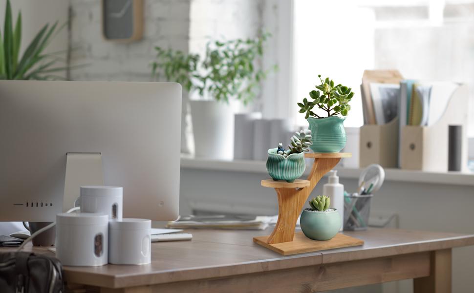 Modern Bamboo Plant Stand with 3 White Ceramic Planters Small Indoor Display Rack for Compact Spaces and Plant Enthusiasts