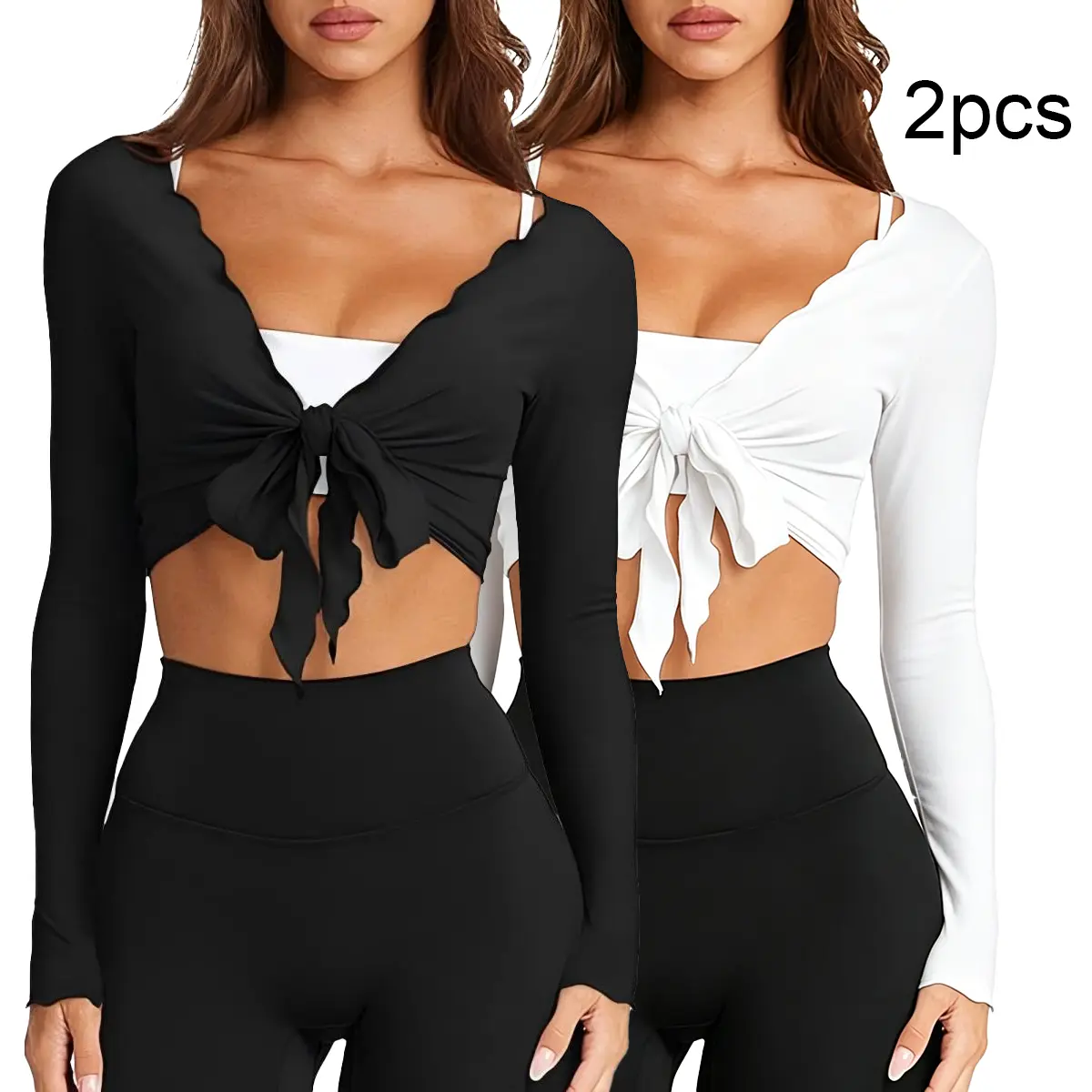Mincib 2Pc Workout Wrap Tops Tie Ballet Yoga Pilates Tops Long Sleeve Deep V Neck Tie Tops Slim Fit Workout Gym Outfit
