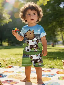 Vitality Stadium Capybara Footballer Printed Infant Short-Sleeve Set, Baby Casual Kids' Wear, Suitable for Daily and Outdoor Sports. T-Shirt made of 100% Polyester, a Perfect Gift for Infants!