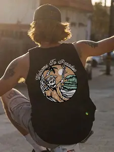 Men's Welcome to Heaven Skull Vacation Tank Top, Beach Skate Street Trend Sleeveless Training Shirt, Graphic Fitted Casual Wear