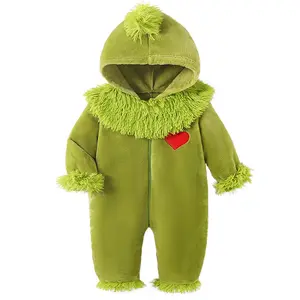 Newborn Baby Girl Boy Green Monster Costume Long Sleeve Heart Embroidery Hooded Romper Infant Christmas Halloween Jumpsuit