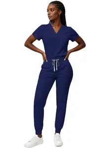 Women’s Scrub Set: V-neck top with jogger pants design, breathable and quick-dry to avoid stuffiness, loose stretch fabric with no tight feeling, multiple colors available, work uniform for dental clinics and beauty salons.