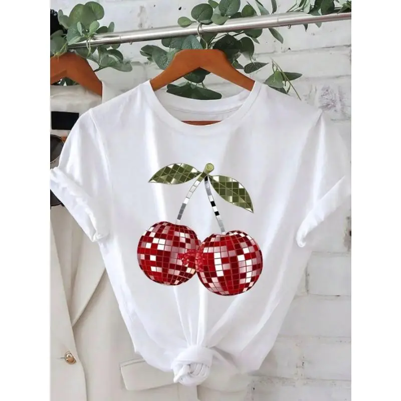 Women's White T-Shirt with Red Cherry Graphic - Relaxed Fit Round Neck Short Sleeve Top for Summer Parties & Casual Outfits