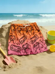 Beach Shorts, Gradient Game Controller Pattern, Quick-Dry, Loose-Fit, Summer Swimwear Set, Cute All-Over Print, Boys' Casual Wear, Youth Boys Swim Trunks