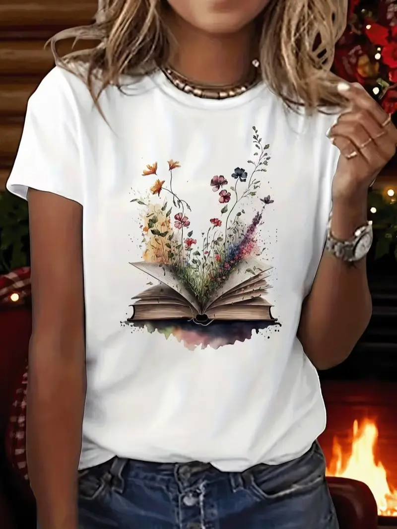 Women's Cotton Breathable Short-Sleeve Cottagecore Book Lover T-Shirt, White Crewneck Top with Watercolor Wildflower-from-Open-Book Print, Bibliophile Everyday Bottom-Pairing Casual Vacation Tee