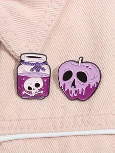 1pc Cartoon Poison Apple Brooch Skeleton Pins Punk Skull Enamel Metal Brooches Pin Badge Jewelry Gifts, Halloween Party Unique Accessory