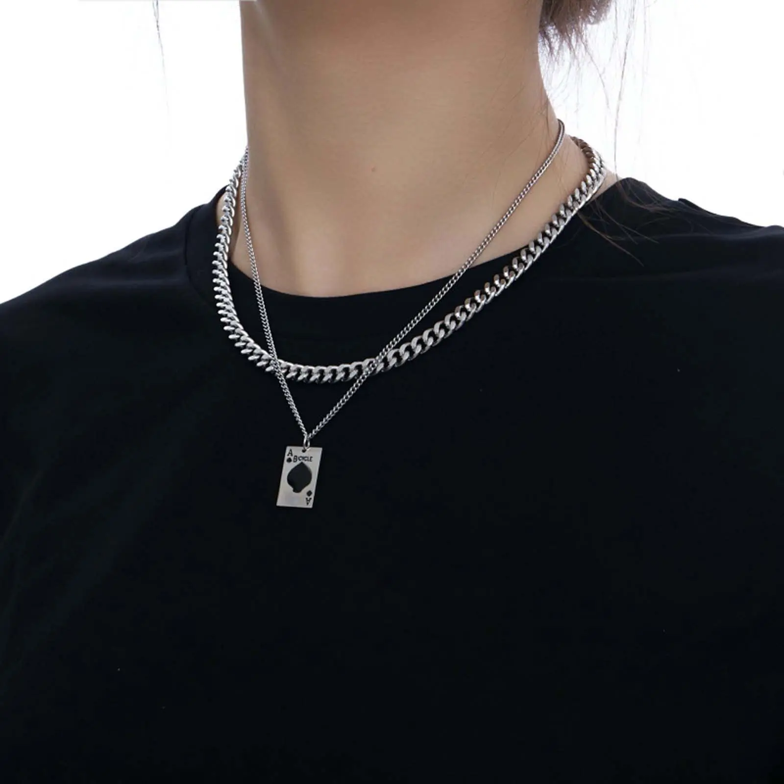 Streetwear Ace of Spades Necklace, Unisex Double-Layer Silver-Tone Chain with Gemstone Pendant, Bold Casual Statement Jewelry, Statement Necklace, Bold Accessory, Layering Outfits, Daily, Double-Layer Design