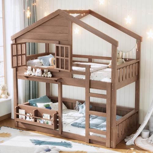 Bellemave  Bunk Bed/Loft Bed with Bookshelf, House Design, High-Quality Safety Fencing.The upper layer is used as a sleeping area, while the lower layer can be flexibly configured as a gaming area, learning area, storage space, or additional sleeping area