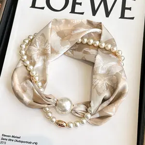 Boho Pearl Chain Scarf Necklace, Black White Rose Print Silk Scarf, Unique Neck Jewelry for Women Gift for Her