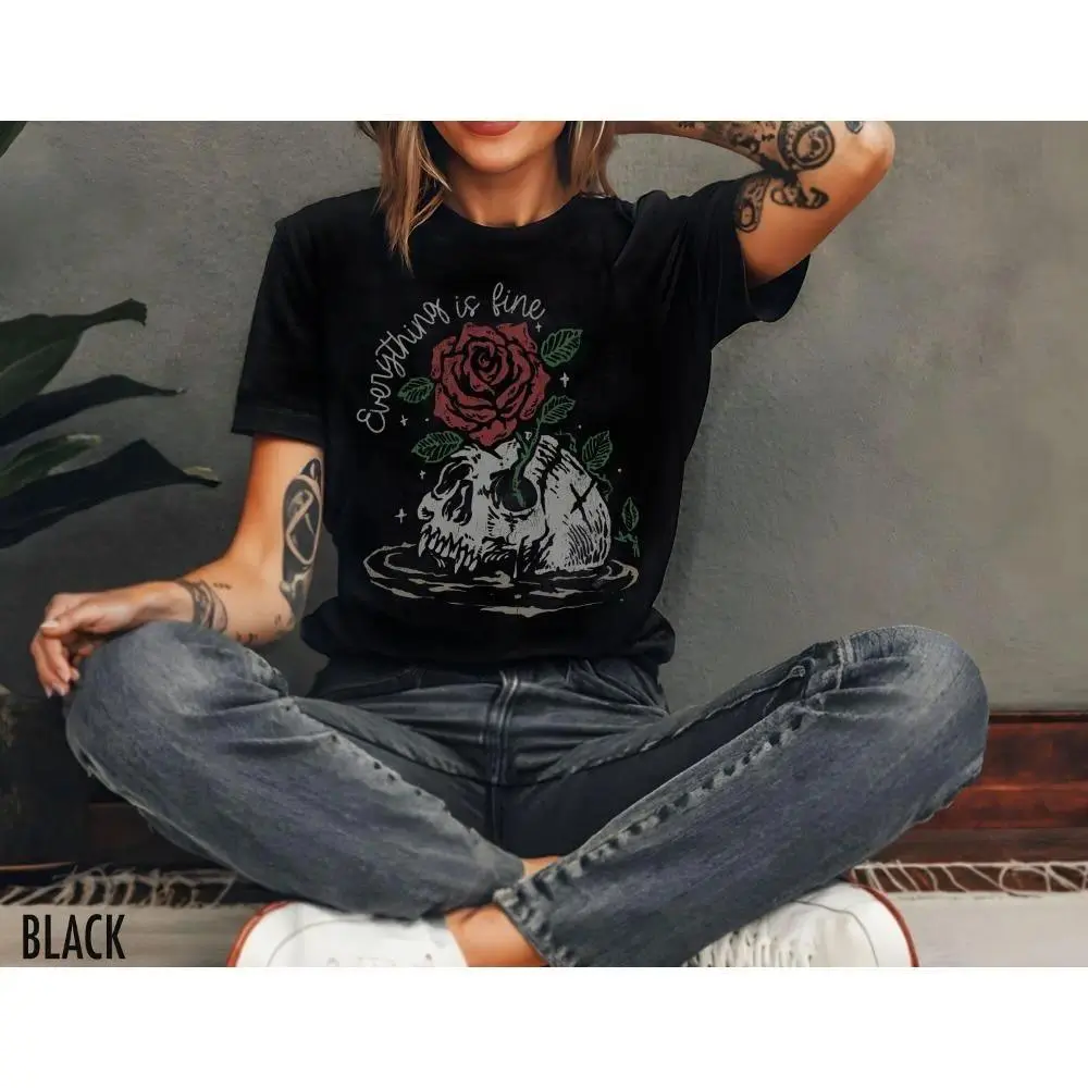 Womens Cotton Graphic Tee Skull and Rose Print Grunge Aesthetic Shirt Retro Style Gothic Streetwear Soft Breathable Short Sleeve Crewneck Casual Halloween Outfit Everyday Wear Gift Idea Trendy Skeleton Floral Top