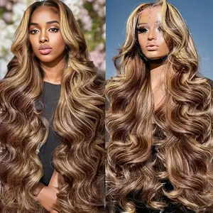 4/27 Highlight 180 Density Body Wave Wig Human Hair Wig Colored Body Wave 13x4 HD Transparent Lace Wigs Pre Plucked  Wigs for Woman