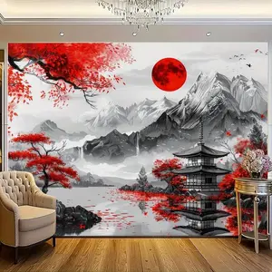 Tapestry  Japanese Landscape Wall Tapestry - Polyester Multipurpose Banner with Red Tree & Sun Motif -Universal Fit for Entryway, Room Decor - Ideal for Photography, Home Decor & Gift for Art Lovers Print Posters Decoration Decoration Decor