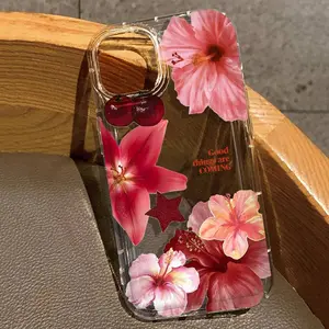 Cherry Flower Print Clear Case For iPhone 16 15 14 13 Pro Max 11 12 Mini X XR XS Max 7 8 Plus SE2 Stylish Protective Shockproof Soft Cover