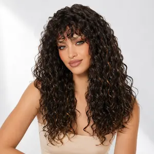 Auvzy Hair 20 Inch Synthetic Hair M427 Highlight Brown Shaggy Haircuts Curly Wig with Bangs Glueless Synthetic Bang Wigs with Realistic Scalp Put On ang Go Beginner Friendly