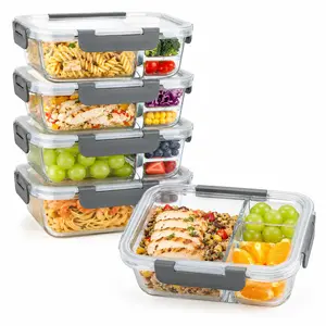 AISOON 5-Pack (36oz) Borosilicate Glass Meal Prep Containers with Airtight Lids, 3 Compartment Glass Lunch Containers, Food Prep Lunch Box, Bento Box, Microwave, Oven, Freezer & Dishwasher Safe, Leakproof, Food Storage, Meal Preps For The Week, Easy Meals