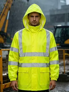 Reflective Safety Jacket High Visibility Men Women Waterproof with Pockets Hat Storage Outdoor Gear