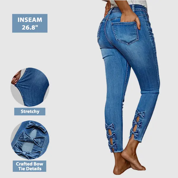 Flamingals Raw Hem Cut Out Bow Tie Mid Waist Crop Skinny Jeans Womenswear Stretchy 26.8" Inseam
