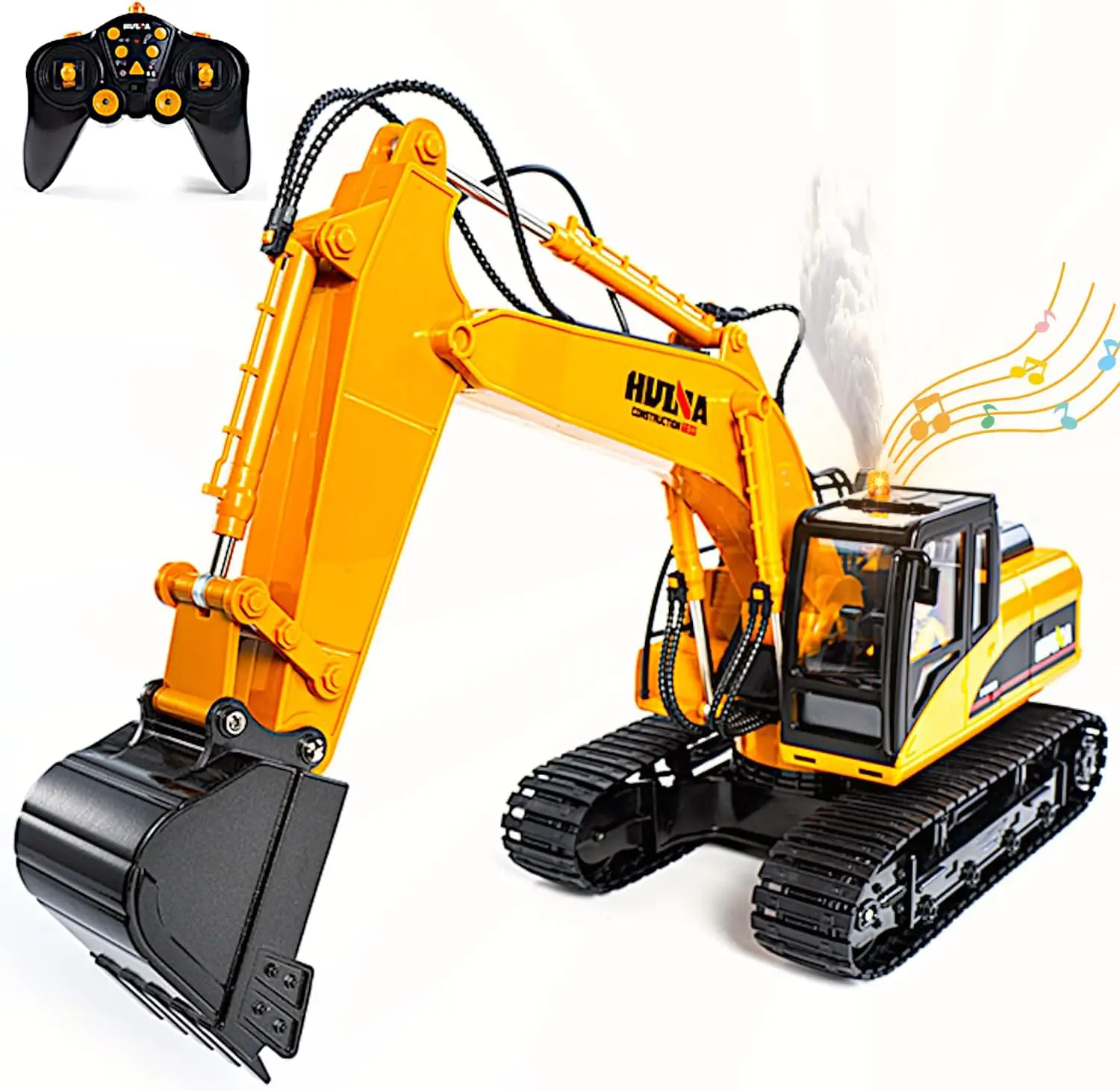 Huina 1/14 21CH Alloy RC Track Excavator, 7.4V ABS Body Steam Crawler with Metal Bucket, Smoke Sound Lights, 2.4G Radio Control Construction Vehicle Model, Demo Play Civil Engine, 19"l x 7"w x 12"h Toy for 12 Years Above Playtime, Kid Gift & Adult Hobby