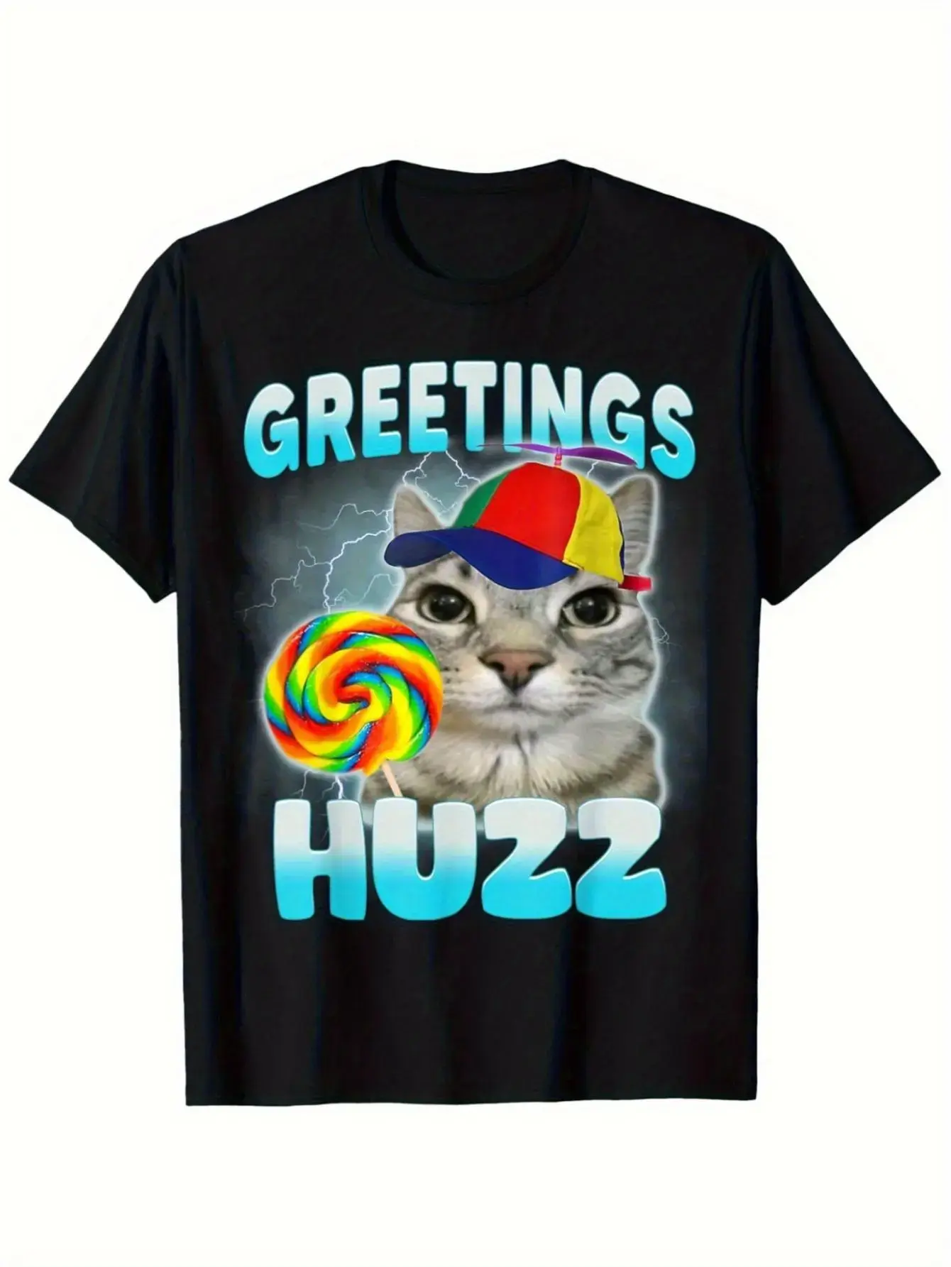Men's Cotton Short-Sleeve Classic Menswear T-Shirt with Collar, Playful "Where The Huzz At" Cat Meme Design, Comfy Streetwear Basic Tee for Cat Lovers