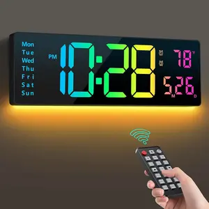 16" Large Digital Wall Clock With Remote Control, Timer, Alarm With Big LED Screen Dispaly, 8 RGB Colors, Auto DST, Temperature For Living Room, Bedroom, Mounted, Gift For Elderly