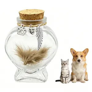 Pet Memorial Gift for Loss of Dog or Cat, Heart Shape Glass Jar & Bottle for Fur, Hair, Whiskers or Ashes Keepsake Urn with Cork Top