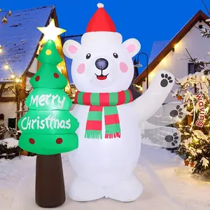 GOOSH 7 FT Christmas Inflatable Waving Polar Bear & Tree Outdoor Yard Decoration with LED Lights Weather-Resistant Fast Inflation for Xmas Party Garden Lawn