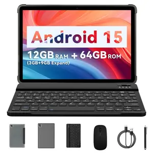 10.1-inch Android tablet with Bluetooth keyboard and mouse set, featuring a quad-coreprocessor, 12GB RAM (3GB + 9GB expandable), and 64GB storage.