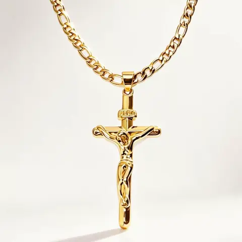 Men's 14K Gold-Plated Crucifix Cross Medallion Pendant Necklace - Vintage Smooth Faith Charm, Durable Chain, Daily Spiritual Men's Jewelry, Ideal Mens Gifts
