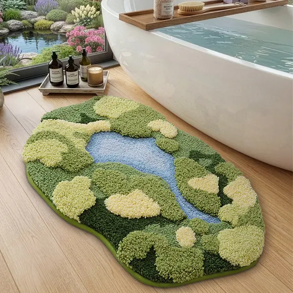 LUMI Modern Microfiber Bath Mat, 20x32in Ultra Thick Soft Green Daisy Pattern Non-Slip Absorbent Rug for Shower Floor, Coloured Bright Patterned Rugs with Designs for Bedroom Home Decor