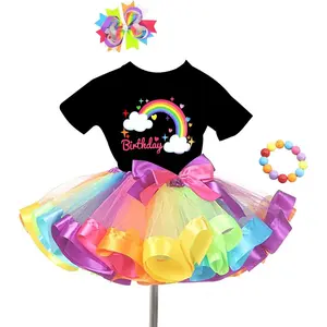 Girls Rainbow T-Shirt & Ballet Tutu Skirt Set with Hair Accessory and Beaded Bracelet - Perfect for Birthday Parties, Daily Wear & Easter Gifts