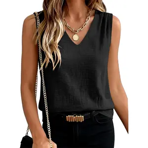Women Tank Tops Ruched Shoulder Dressy Blouse Business Casual Outfits Sleeveless V Neck Shirt Beach Vacation Clothes