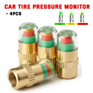 4 Pack Gold Tire Pressure Monitoring Valve Stem Caps, 36PSI/2.4Bar 3 color visual alert tire indicator caps, leak-proof dustproof corrosion resistant auto valve stem covers, blowout prevention road safety accessory for cars, trucks, SUVs and pickups
