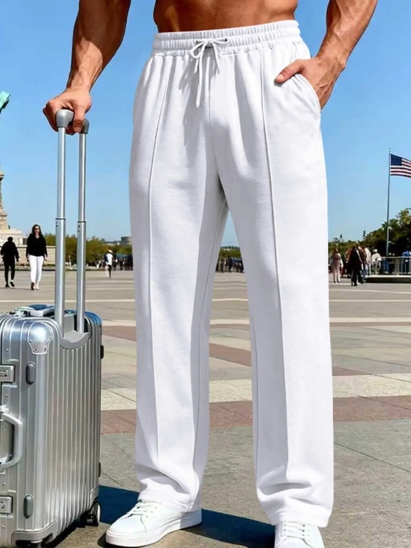Men's Loose-Fit Knitted Casual Plain Solid Color Sports Business Jogger Pants, All-Season Long Straight Leg Trousers for Men, Menswear
