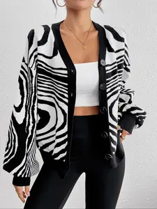 Women's drop-shoulder cardigan with zebra stripe pattern, women's clothing, new cardigan for autumn and winter