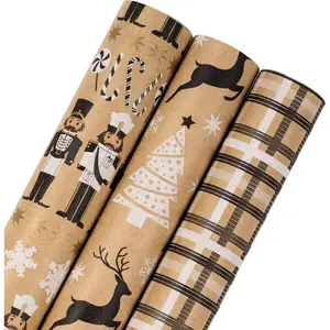 RUSPEPA 3 Pack Christmas Wrapping Paper Set | Plaid, Nutcrackers, Reindeer & Christmas Tree Designs - Ideal for Christmas Decor, Gift Wrapping, Vintage Parties, Holiday Setup, DIY Crafts, Xmas Gifts, Vintage Christmas, Family Gatherings - 17 x 120 inches
