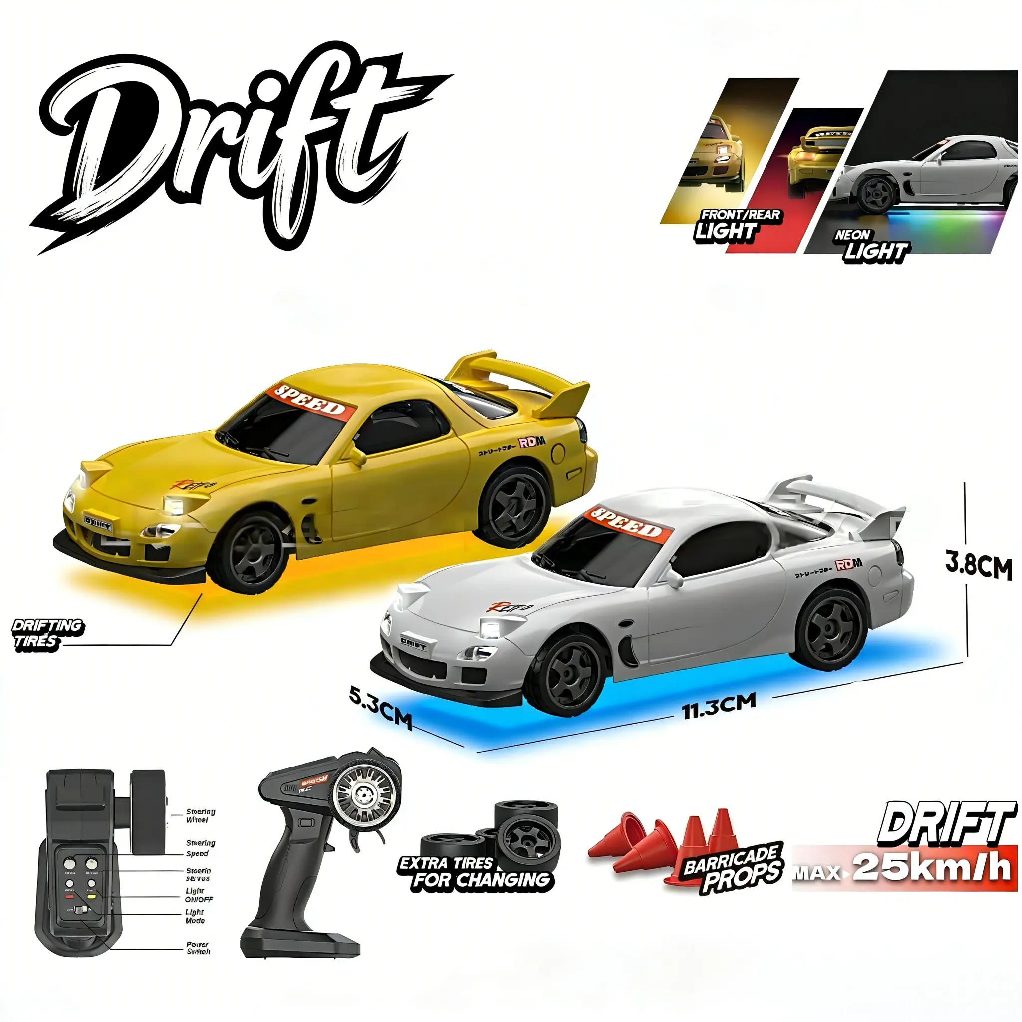 UDROLL TOYS RX7 Style RC Drift Car, Premium Design Remote Control Car for Car Enthusiasts & Collectors, Realistic Racing Model with LED Lights