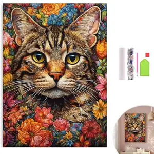 Flower Cat 5D Adult Diamond Painting Set DIY Diamond Painted Diamond Art Round Full Diamond Art Set Diamond Polka Dot Crafts Home Decor Gifts 12x16in
