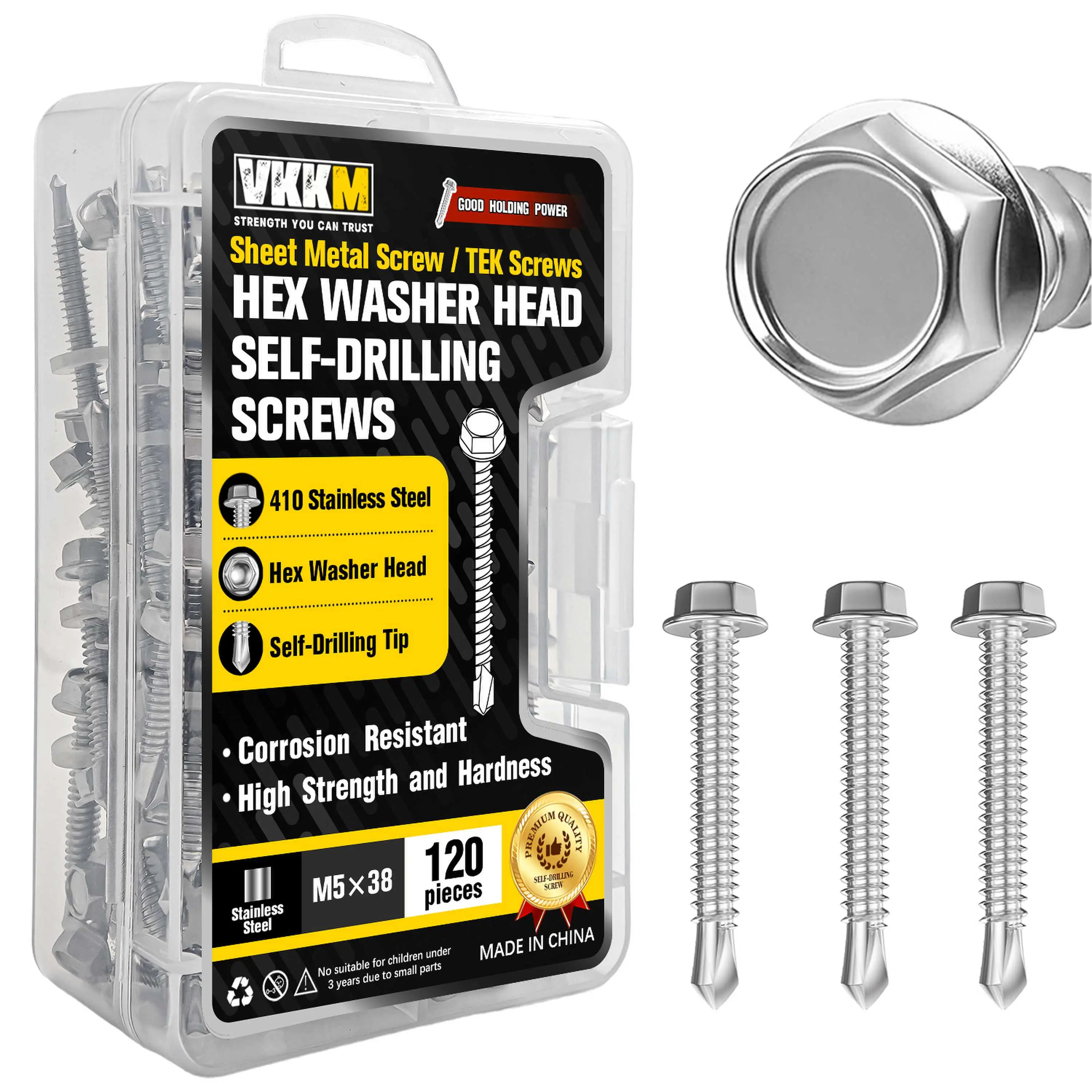VKKM 120Pcs M5 x 38mm 410 Stainless Steel Hex Washer Head Self Drilling Screws, Tek Self-Tapping Sheet Metal Screws for Metal Roofing, Aluminum, Sheet Metal & Wood Fastening