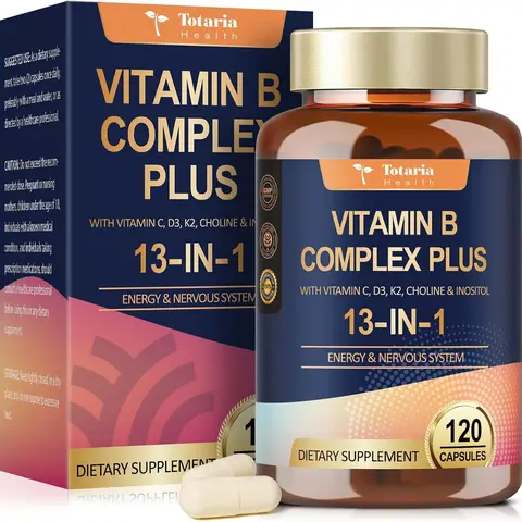 Totaria 13-in-1 Vitamin B Complex Plus with Vitamin B1, B2, B3 (Niacinamide), B4, B5, B6, B7 (Biotin), B8 (Inositol), B9 (Folate), B12, C, D3, K2 - Energy, Nerve, Immune, Skin Support - 120 Vegan Capsules, Healthcare, Muscle, Dietary, Supplement