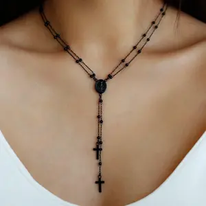1PC Simple and Stylish Double-Layer Beaded Cross Jesus Necklace in Copper Black for Women, Suitable for Daily Gatherings, Parties, and Gifts