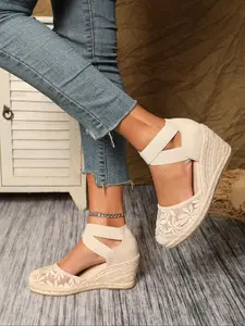 Women's Fashionable Lace Cross Design Slip on Wedge Sandals, Boho Style Wedge, Casual Breathable Comfortable Wedge Sandals for Beach, Fashion Shoes for Party, Daily Clothing Decor, Footwear