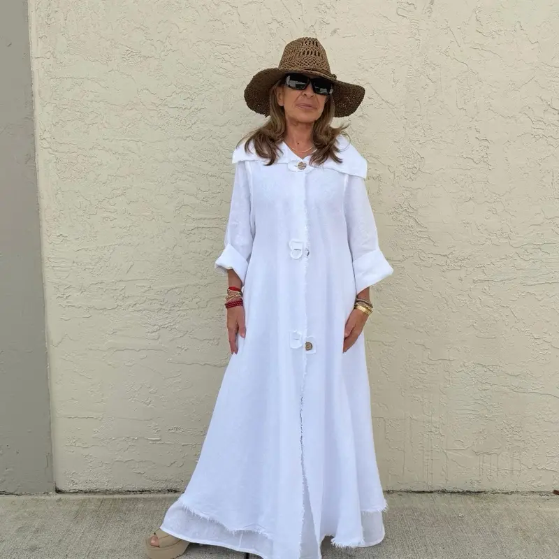 Curapa 100% Thick Linen Long Dress for Women One Size S to XL Button Down Maxi Curapa 100% Thick Linen Long Dress for Women One Size S to XL Button Down Maxi