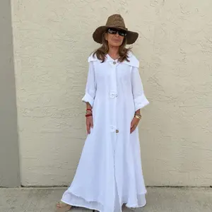 Curapa 100% Thick Linen Long Dress for Women One Size S to XL Button Down Maxi Dress with Coconut Buttons Collared Neckline Long Sleeves Relaxed Elegant Resort Vacation Summer Breathable Natural Fabric Timeless Mediterranean Style