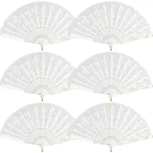 6 Packs White Spanish Floral Folding Hand Fan Women Lace Fan Handheld Fans for Wedding and Home Decoration