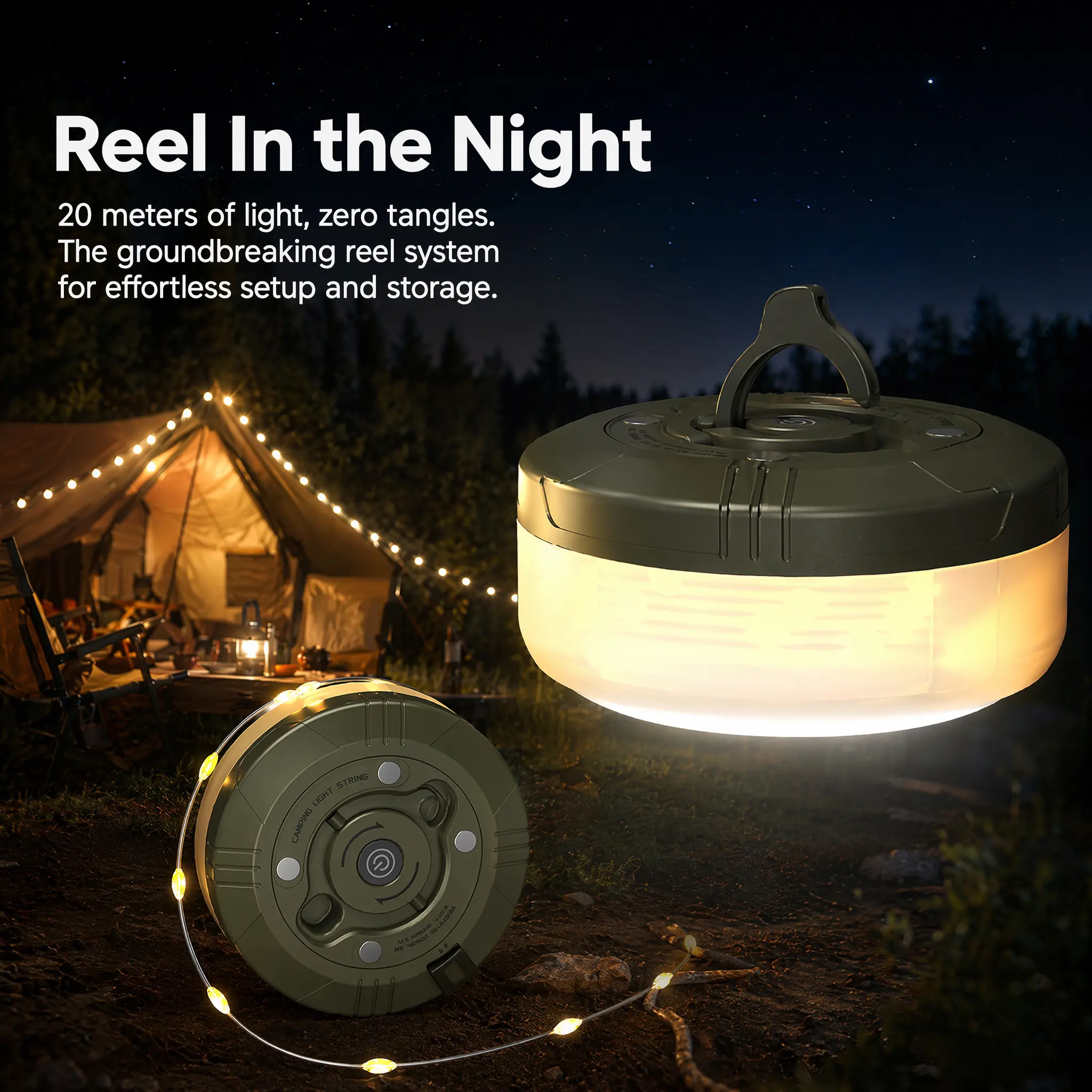 2-in-1 camping light strip with storage, portable roll-up camping string lights, USB rechargeable tent light strip/string lights, 66 ft, suitable for tents, RVs, patios—essential for camping
