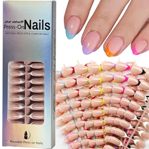 216 Pcs French Tip Press on Nails Medium Almond Fake Nails 9 Color French Tips Glossy Acrylic Glue On Nails Full Cover Soft Gel False Tips Kit for Women DIY Art Manicure 12 Size