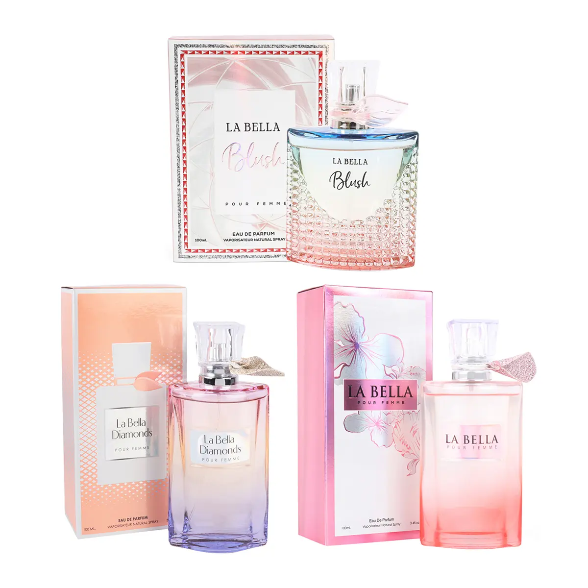 Trio Bundle of MCH Beauty LA BELLA Blush, Diamonds and Pink Pour Femme Eau De Parfum Natural Spray for Women