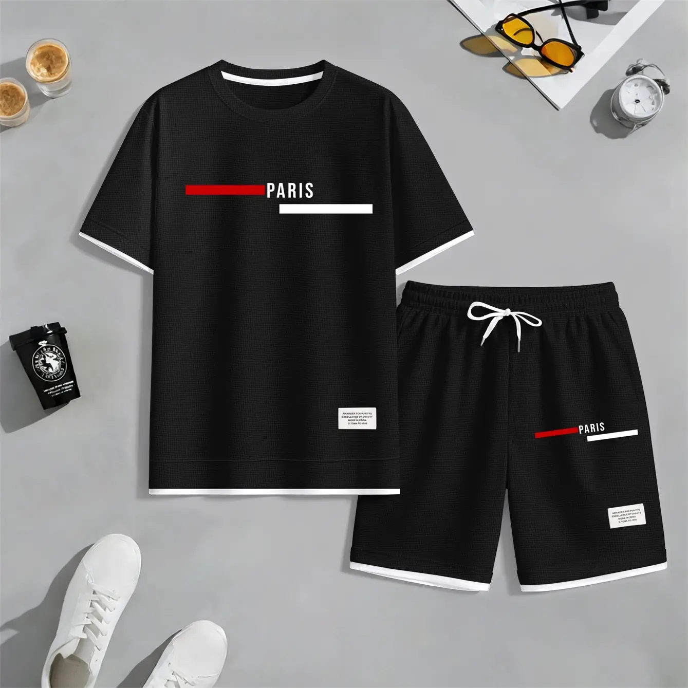 Oversized 2-Piece Lounge Set in Lightweight Textured Waffle Fabric with Crew Neck Top and Pockets, Fitness, Round Neck, Outdoor, Polyester, Minimalist, Gym, Clothes, T-Shirt, Menswear, Athletic