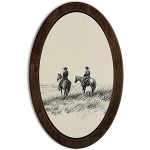 YZSLA Vintage Western Cowboy Framed Wall Art Decor, Vintage Western Decor, Rustic Country Southwest Cowboy Riding Horse Oval Wall Art Hanging Decorations for Home Bedroom Living Room, 1